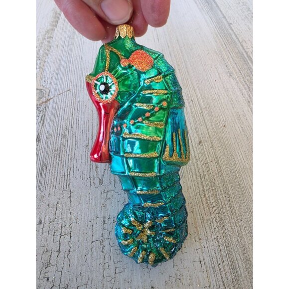 vintage Green glitter seahorse glass ornament tropical Hawaiian beach Xmas tree - Picture 4 of 7